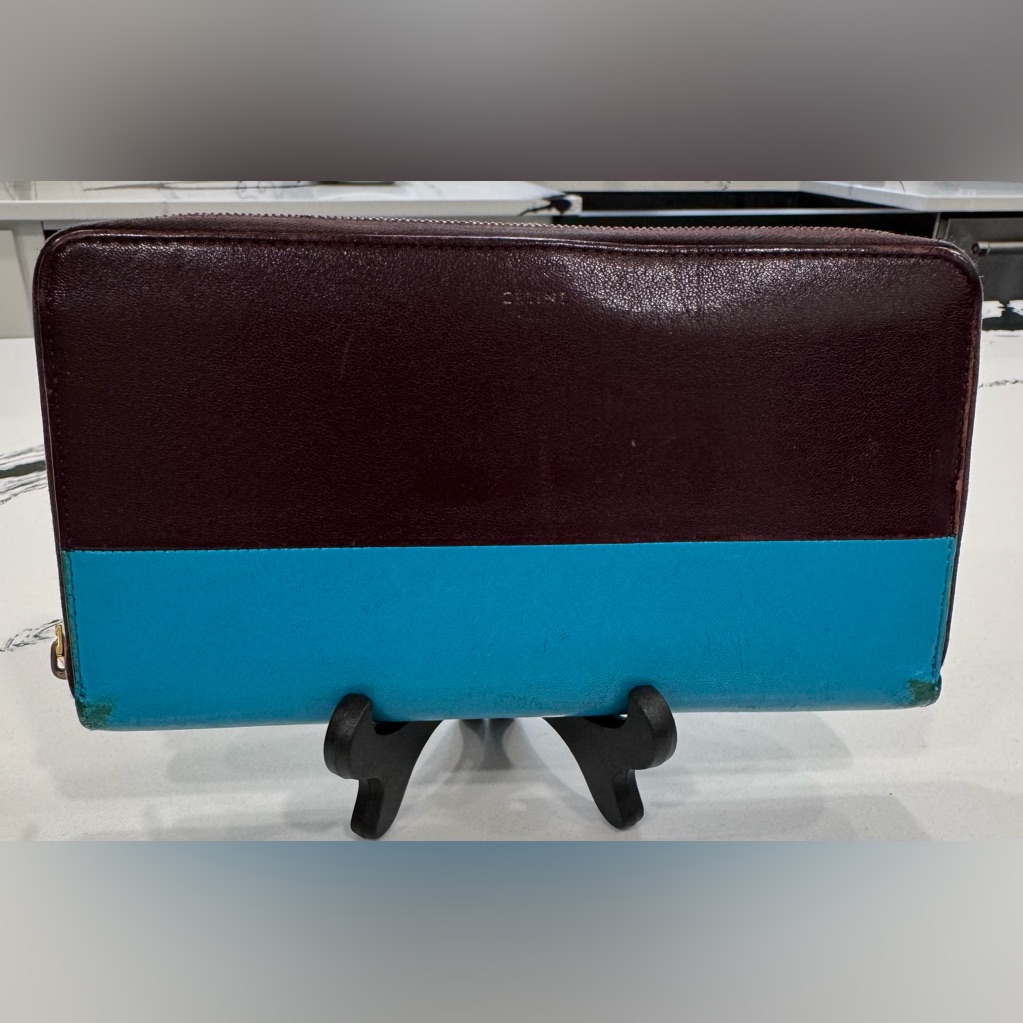 Vintage Celine Leather Zip Around Wallet Brown Blue Italy W/ Coa